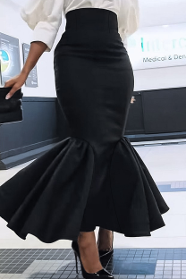 Black Elegant Solid Color Zipper Fishtail Plus Size