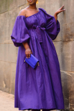 Purple Elegant Solid Color Strap Design Oblique Collar Long Plus Size Dresses