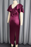Burgundy Elegant Solid Color Slit Flounce V Neck Long Dresses