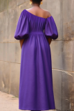 Purple Elegant Solid Color Strap Design Oblique Collar Long Plus Size Dresses