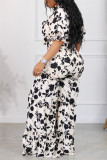 Orange Casual Daily Floral Bandage Patchwork Printing Stringy Selvedge Smocking V Neck Half Sleeve Two Pieces