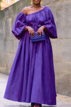 Purple Elegant Solid Color Strap Design Oblique Collar Long Plus Size Dresses