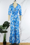 Orange Casual Daily Floral Bandage Patchwork Printing Stringy Selvedge Smocking V Neck Half Sleeve Two Pieces