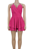 Pink Sexy Solid Color Patchwork Spaghetti Strap Sling Dresses