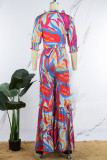 Orange Casual Daily Floral Bandage Patchwork Printing Stringy Selvedge Smocking V Neck Half Sleeve Two Pieces