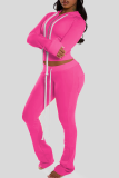 Pink Casual Solid Color Draw String Hooded Long Sleeve Two Pieces