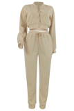 Khaki Casual Solid Color Buckle O Neck Long Sleeve Two Pieces