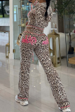 Leopard Print Casual Leopard Print Zipper Turndown Collar Long Sleeve Two Pieces