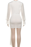 White Sexy Solid Color Strap Design Deep V Neck Wrapped Skirt Dresses