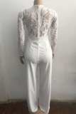 White Casual Solid Color Lace With Belt V Neck Regular Jumpsuits