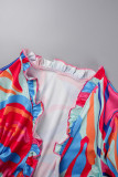 Orange Casual Daily Floral Bandage Patchwork Printing Stringy Selvedge Smocking V Neck Half Sleeve Two Pieces