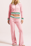 Pink Casual Stripe Zipper Hooded Long Sleeve Two Pieces