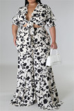 Orange Casual Daily Floral Bandage Patchwork Printing Stringy Selvedge Smocking V Neck Half Sleeve Two Pieces