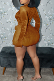 Reddish Brown Sexy Solid Color Fluffy O Neck Long Sleeve Two Pieces(No Gloves)
