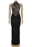 Black Sexy Solid Color Lace Turtleneck Long Dresses