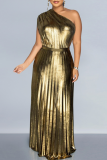 Gold Elegant Solid Color Patchwork Oblique Collar Long Dresses
