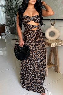 Leopard Print Sexy Leopard Print Hollow Out Strapless Long Dresses