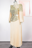 Green Elegant Solid Color Sequins With Belt V Neck Long Plus Size Dresses