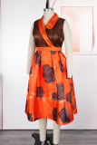 White Elegant Print Contrast V Neck A Line Plus Size Dresses