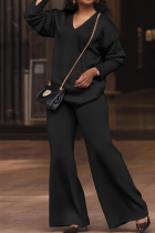 Black Casual Solid Color Patchwork V Neck Long Sleeve Two Pieces