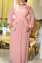 Pink Elegant Fringed Trim Pleated Flower Shape O Neck Long Plus Size Dresses