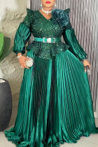 Green Elegant Solid Color Sequins With Belt V Neck Long Plus Size Dresses