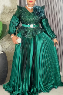Green Elegant Solid Color Sequins With Belt V Neck Long Plus Size Dresses