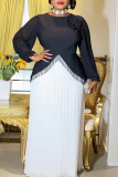 White Elegant Fringed Trim Pleated Flower Shape O Neck Long Plus Size Dresses