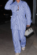 Blue Casual Stripe Buckle Turndown Collar Long Sleeve Two Pieces