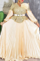 Champagne Elegant Solid Color Sequins With Belt V Neck Long Plus Size Dresses