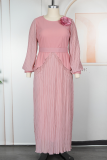 White Elegant Fringed Trim Pleated Flower Shape O Neck Long Plus Size Dresses