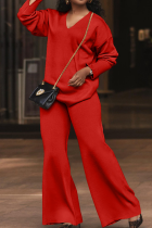 Red Casual Solid Color Patchwork V Neck Long Sleeve Two Pieces