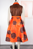 White Elegant Print Contrast V Neck A Line Plus Size Dresses