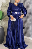 Deep Blue Elegant Solid Color Sequins With Belt V Neck Long Plus Size Dresses