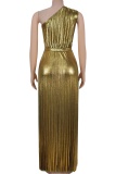 Gold Elegant Solid Color Patchwork Oblique Collar Long Dresses