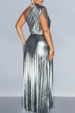 Gold Elegant Solid Color Patchwork Oblique Collar Long Dresses
