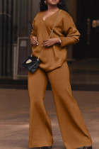 Brown Casual Solid Color Patchwork V Neck Long Sleeve Two Pieces