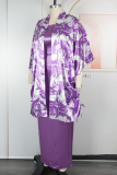 Green Casual Print Draw String Cardigan Collar Plus Size Two Pieces