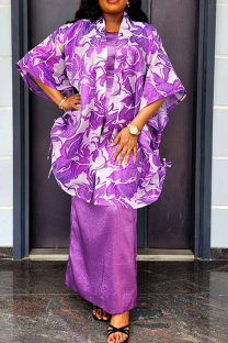 Purple Casual Print Draw String Cardigan Collar Plus Size Two Pieces