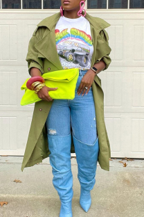 Army Green Casual Solid Color Buckle Turndown Collar Outerwear