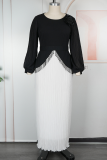 White Elegant Fringed Trim Pleated Flower Shape O Neck Long Plus Size Dresses