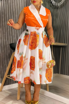 White Elegant Print Contrast V Neck A Line Plus Size Dresses