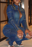 Deep Blue Casual Solid Color Ripped Zipper Mandarin Collar Long Sleeve Two Pieces