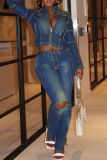Deep Blue Casual Solid Color Ripped Zipper Mandarin Collar Long Sleeve Two Pieces