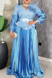 Green Elegant Solid Color Sequins With Belt V Neck Long Plus Size Dresses