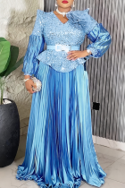 Light Blue Elegant Solid Color Sequins With Belt V Neck Long Plus Size Dresses