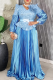 Light Blue Elegant Solid Color Sequins With Belt V Neck Long Plus Size Dresses