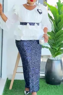 Deep Blue Elegant Solid Color Sequins Flower Shape O Neck Wrapped Skirt Plus Size Dresses