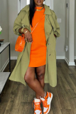 Army Green Casual Solid Color Buckle Turndown Collar Outerwear