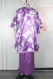 Green Casual Print Draw String Cardigan Collar Plus Size Two Pieces